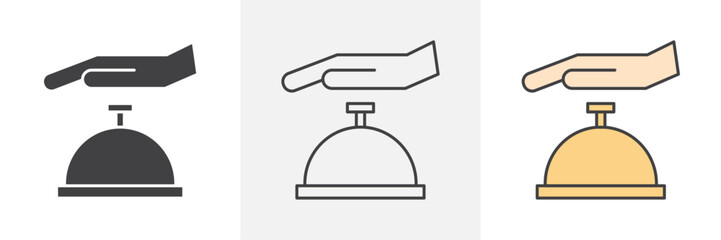 Hand touching service bell icons in black and colored versions
