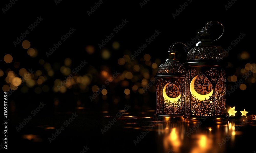 Poster illuminated lanterns with crescent moon designs casting warm glow, surrounded by soft bokeh lights a
