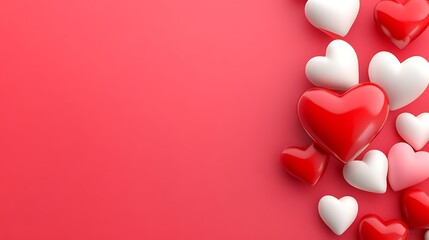 Red and white hearts on pink background.