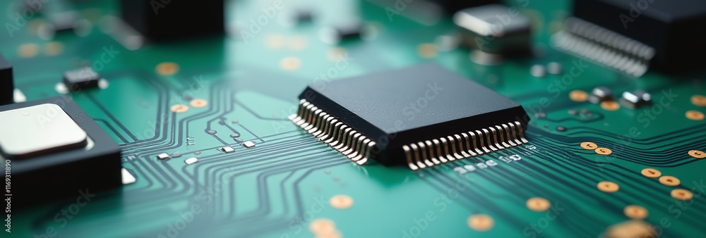 Poster microprocessor located near small chip printed circuit board detailed printed diagrams track locatio