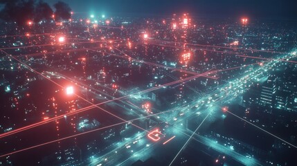 A futuristic cityscape illuminated by neon lights and digital networks.