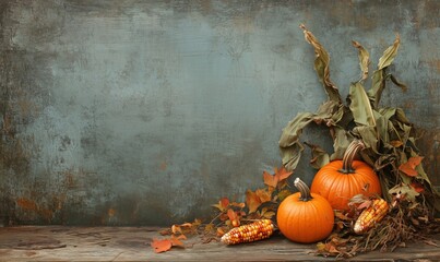 Autumn harvest display featuring pumpkins, corn, and dried leaves on rustic wooden background