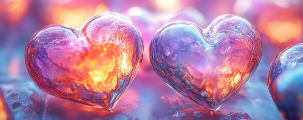 Vibrant romantic glowing hearts with surreal layered textures, Generative AI
