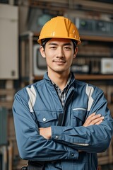 arafed man in a hard hat and blue jacket standing with his arms crossed