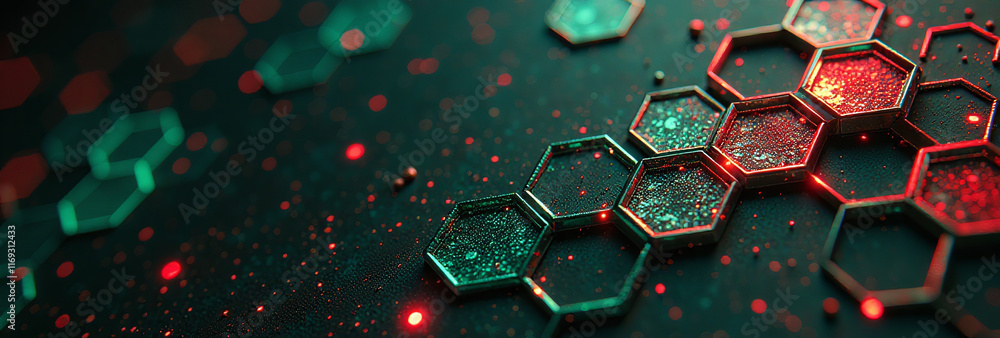 Poster modern design features metallic hexagon mesh pattern red green futuristic abstract