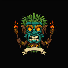 An illustration of an angry tiki god figure holding two flaming torches with a blank banner below. © novianti