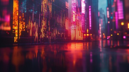 A futuristic cityscape at night with vibrant neon lights and digital data streams. Perfect for technology or cyberpunk-themed projects.