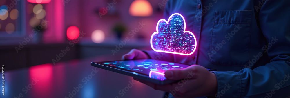 Poster neon light shows cloud computing tablet e display