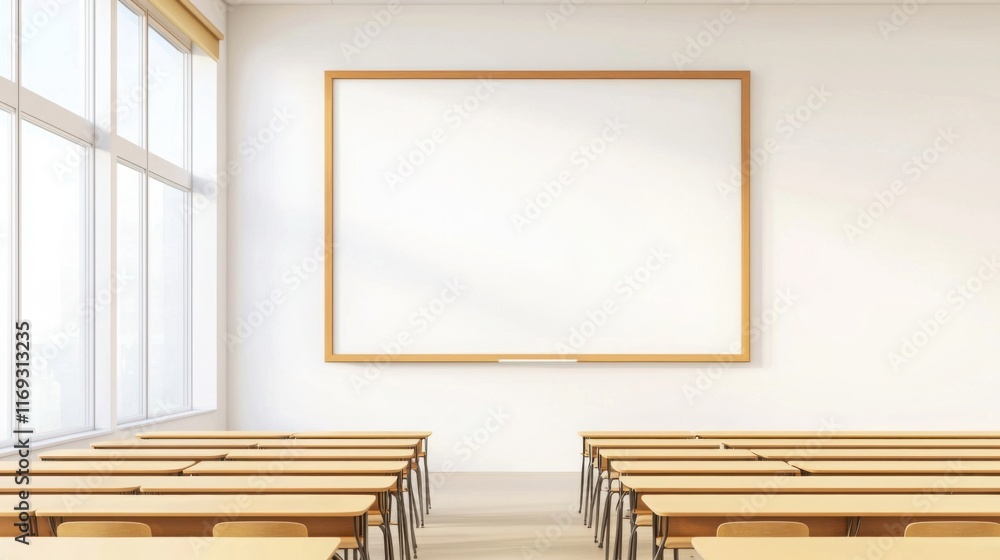 Poster a dynamic education template featuring an empty modern classroom with neatly arranged desks