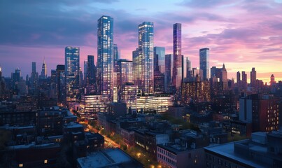 Modern skyscrapers illuminated at dusk in vibrant city skyline, showcasing architectural beauty and urban life