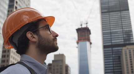 Engineer with Construction Helmet Overlooking Urban Skyscraper
