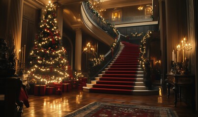 Fototapeta premium Elegant Christmas Decorated Mansion Interior with Grand Staircase, Festive Tree, and Warm Lighting