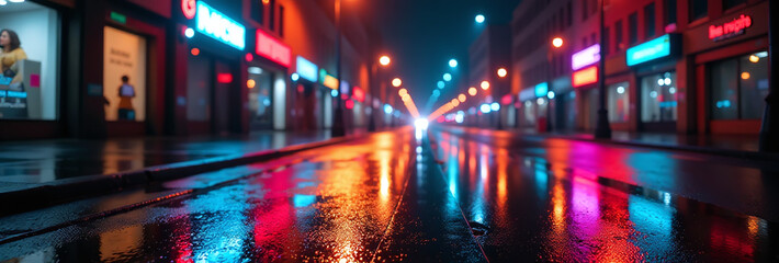 Obraz premium neon lights reflect wet pavement night dark city street abstract shadows spotlights shining