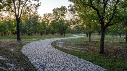 Curving stone pathway through a serene green park at sunset.