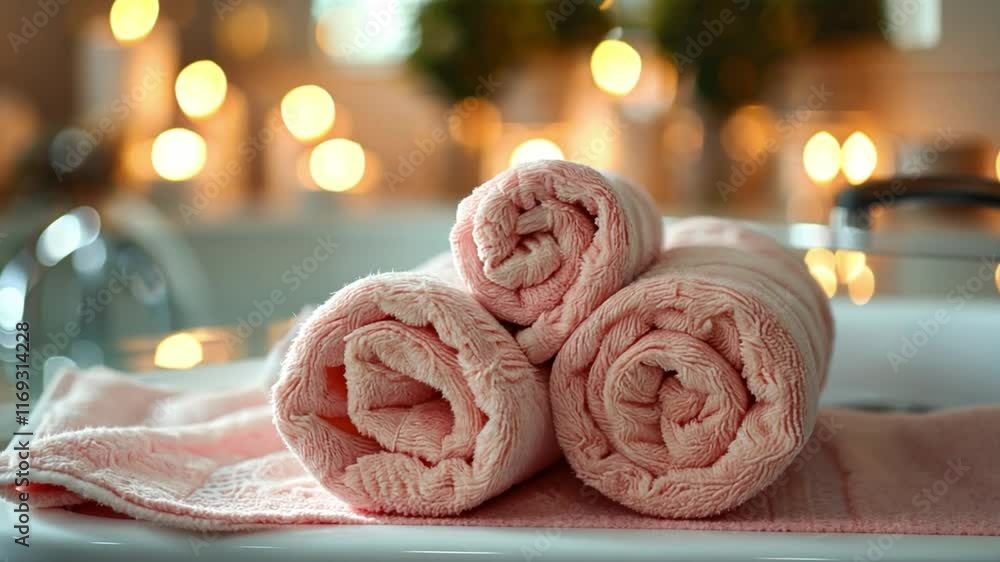 Aufkleber soft pink towels are neatly rolled and placed on a cozy surface, surrounded by warm bokeh lights, cr