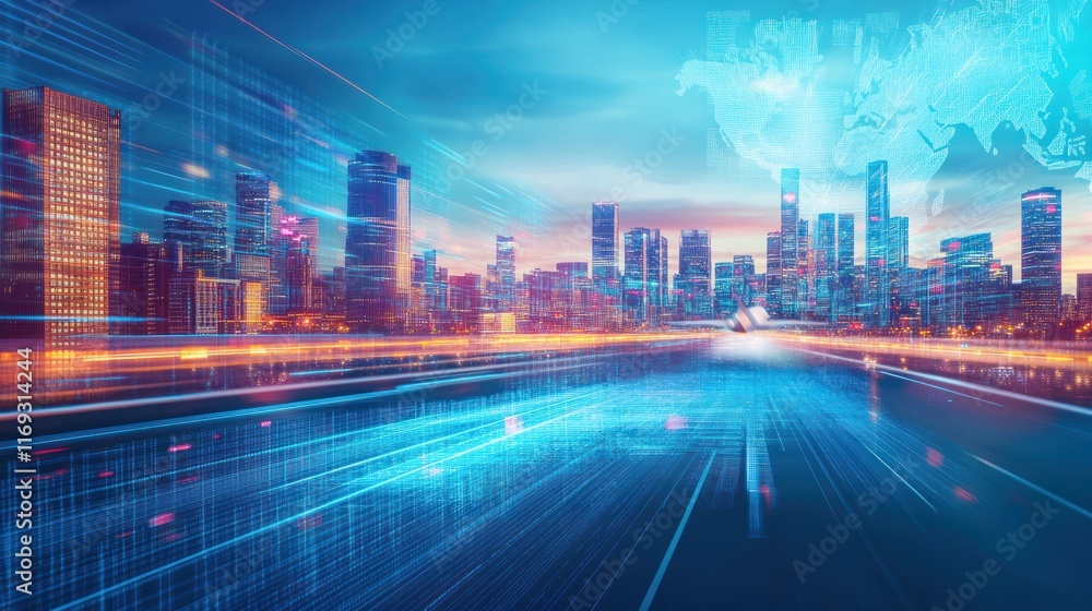 Poster a futuristic cityscape with digital elements and motion blur, conveying technology and progress.