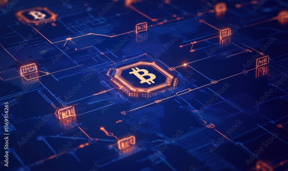 Poster bitcoin cryptocurrency symbol surrounded by digital network connections and glowing nodes, represent