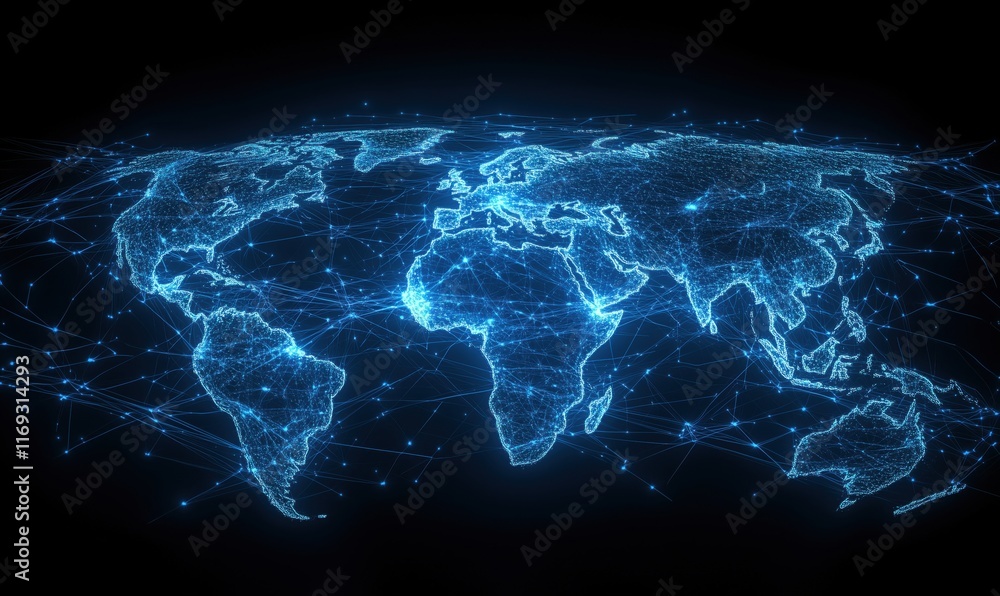Poster digital world map with network connections and data points representing global connectivity and tech