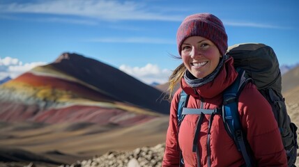 Naklejka premium Smiling Woman Hiking in Colorful Mountain Landscape