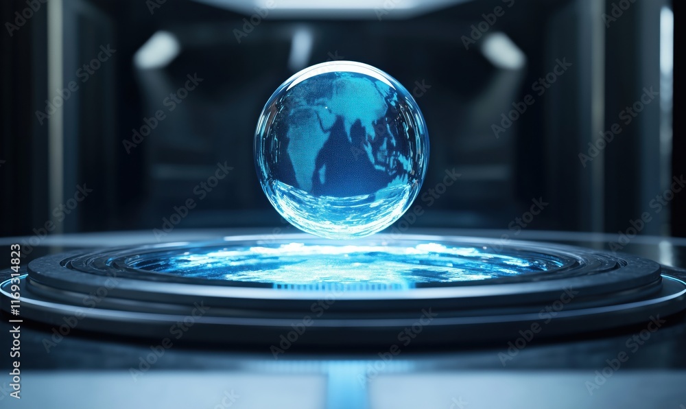 Poster floating holographic globe displaying earth in futuristic environment with illuminated water surface