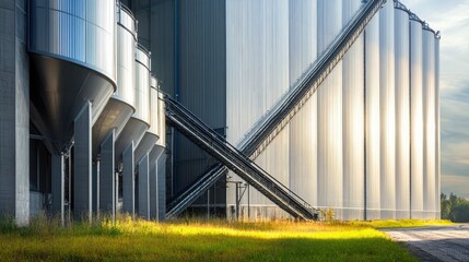 Obraz premium Industrial Grain Storage Facility with Modern Silos and Stairs