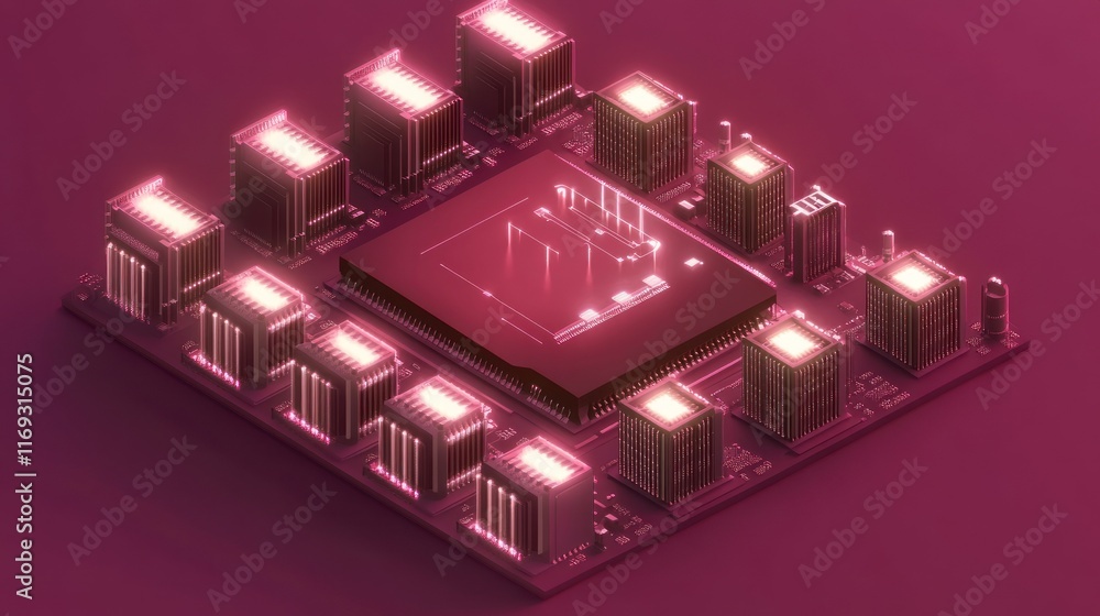 Poster a futuristic computer chip with glowing elements, showcasing advanced technology design.