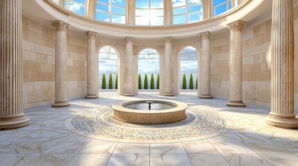 Obraz premium A grand Roman atrium with marble columns, mosaic floors, a central water fountain