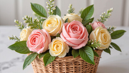 Flower bouquet arrangement with pink and yellow roses