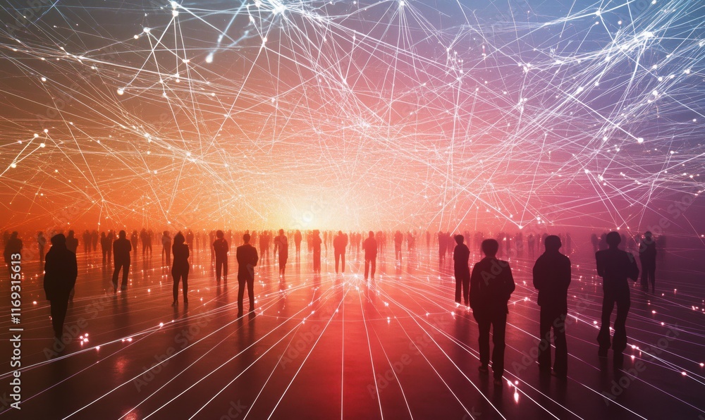 Poster digital network connection with silhouettes of people in a futuristic environment, vibrant lights an