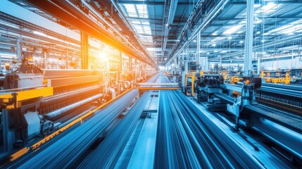 Modern Factory Interior with Machinery and Production Line at Sunset