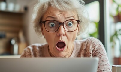 Surprised elderly woman with glasses reacting to shocking news on laptop, indoor setting, natural light, emotional expression, modern home decor