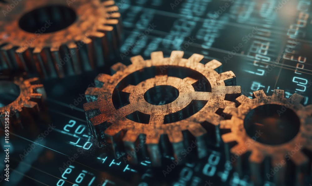 Poster gears mechanism with digital background representing technology and engineering concepts