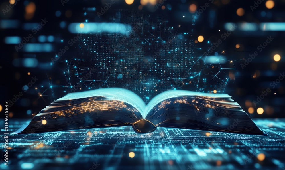 Poster open book with glowing pages and digital data streams, representing knowledge and technology fusion