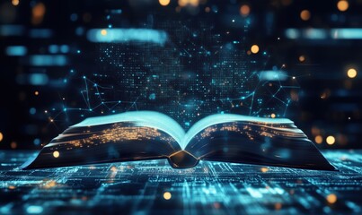Open book with glowing pages and digital data streams, representing knowledge and technology fusion