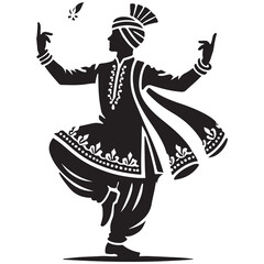 Bhangra Silhouette Vector Illustration, Solid White Background.