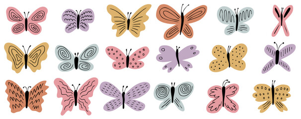 Cute doodle butterfly set in pastel colors, hand drawn design collection © Lisa