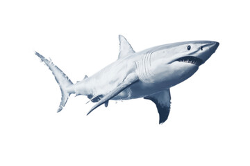 Fototapeta premium Majestic Great White Shark Swimming Gracefully in Clear Ocean Waters Against a Minimalist Background