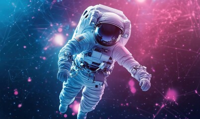 Astronaut floating in vibrant cosmic space, surrounded by colorful nebulae and stars, showcasing advanced space exploration technology