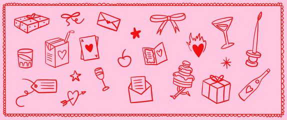 Romantic Valentine's Day vector illustrations in red and pink color, love, romance, couple, couple, champagne, gift, heart, romantic