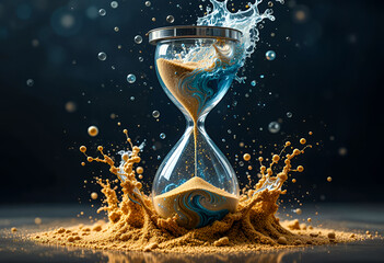 An hourglass with sand transforming into a splash of seawater, a surreal depiction of time and nature.
