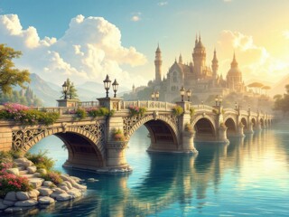 Fototapeta premium Enchanting Fantasy Castle with Ornate Bridge Over Serene Lake