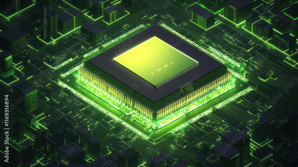 Aufkleber a futuristic depiction of a microchip surrounded by a digital landscape.