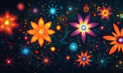 Vibrant glowing starbursts with surreal cosmic tones, Generative AI
