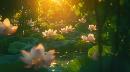 Serene Lotus Pond at Sunset with Soft Golden Light and Reflection
