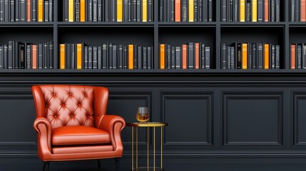 A luxurious reading corner in a home library with black shelves filled with books