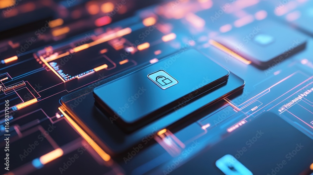 Aufkleber a futuristic digital interface featuring a lock symbol, representing cybersecurity and protection.