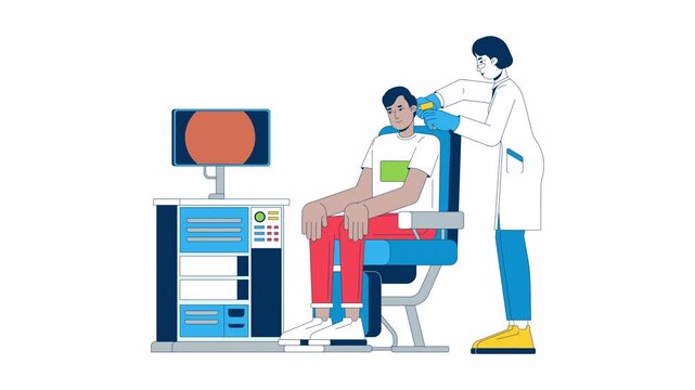 Ear exam cartoon animation. Otolaryngologist appointment 4K video motion graphic. Indian man undergoing hearing diagnostic with doctor animated 2D characters isolated on white background