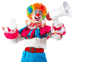 Funny clown shouting with loudspeaker. Entertainer Joker in colorful suit and wig. Trickster,...