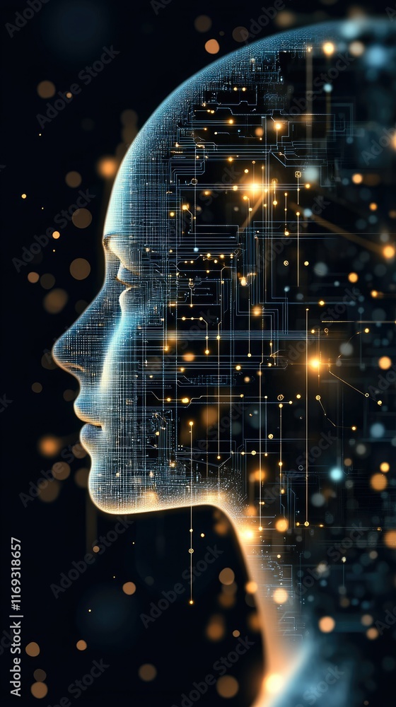 Poster futuristic robot head constructed from glowing connections, showcasing advanced artificial intellige