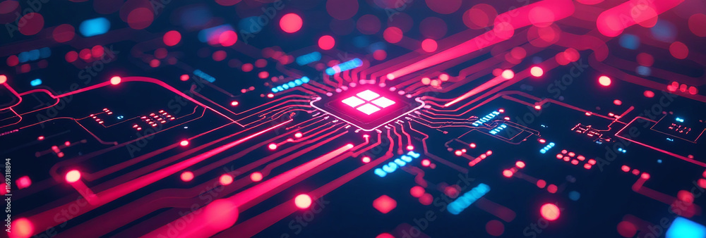 Poster vibrant neon designs showcase intricate circuits patterns advanced technology futuristic visual